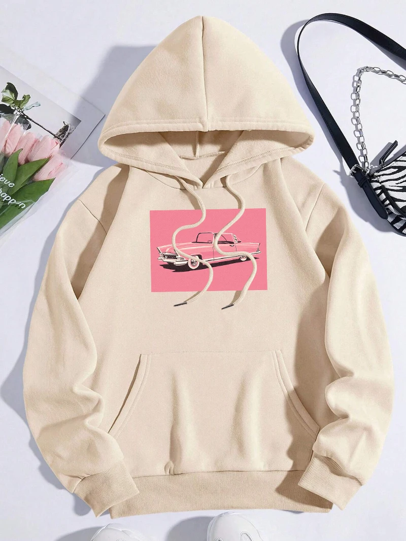 الوردي شخصية سيارة يطبع المرأة هوديي الخريف فضفاض الإناث هودي عادية Y2K جيب للجنسين البلوز الصوف امرأة الشارع الشهير