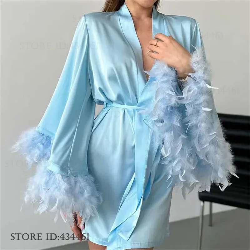 Luxury Feather Bride Wedding Robe Dress Elegant Female Sleepwear Suspender Nightdress Silky Satin Bathrobe Nightgown Homewear