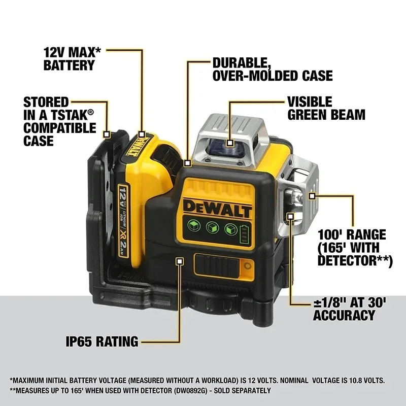 DEWALT-Nivel láser, luz verde, 360 grados, 360 grados, 12V, batería de litio, cable envolvente, DW089LG, tres lados para exteriores