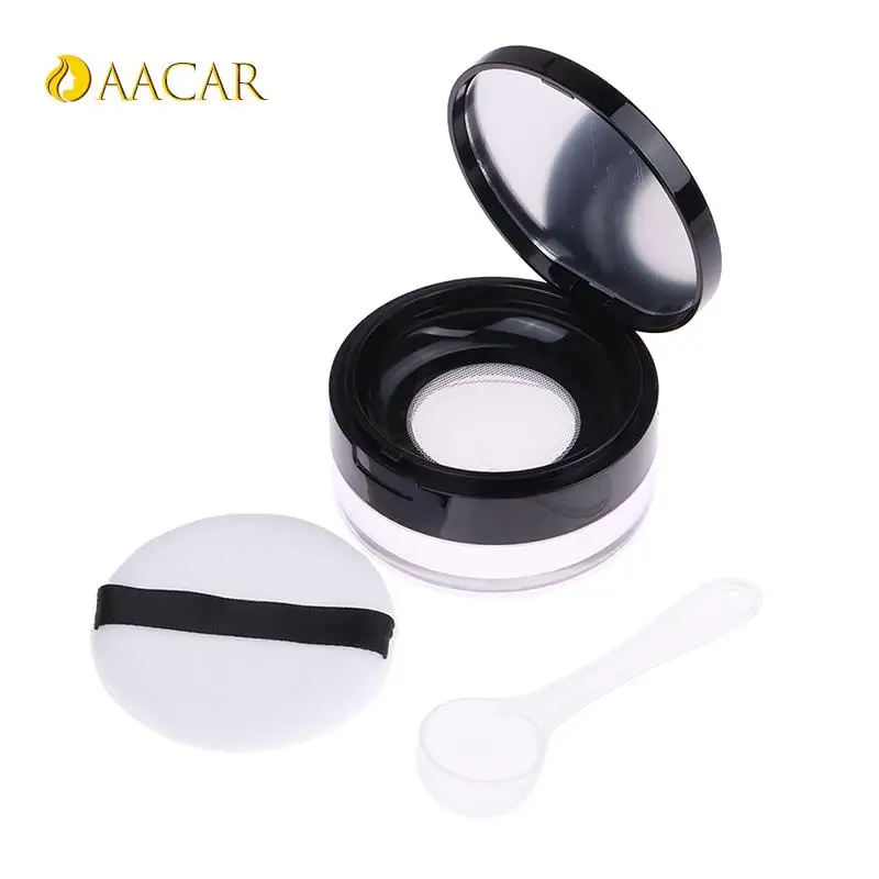 Portable Plastic Puff Box Empty Loose Powder Pot With Sieve Mirror Spoon Cosmetic Sifter Loose Jar Travel Makeup Container DIY