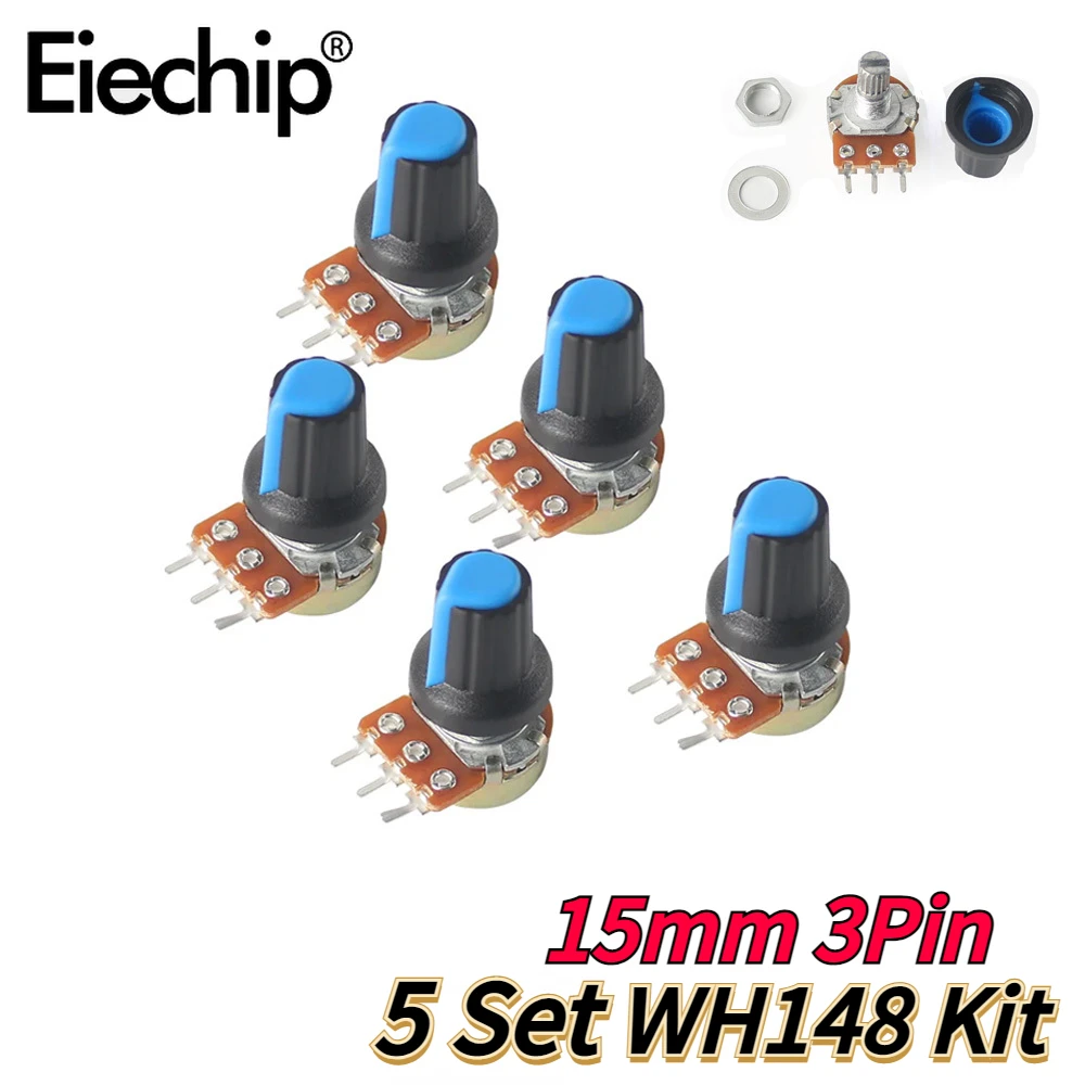 5Set WH148 Linear Potentiometer 15mm 3pin 1K 2K 5K 10K 20K 50K 100K 1M with Blue AG2 Knob Cap Potentiometers Kit