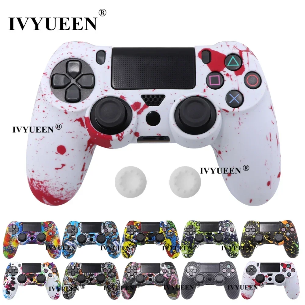 Ivyueen para sony dualshock 4 ps4 ds4 slim pro controlador silicone camo capa protetora + tampas de aperto de polegar para playstation 4