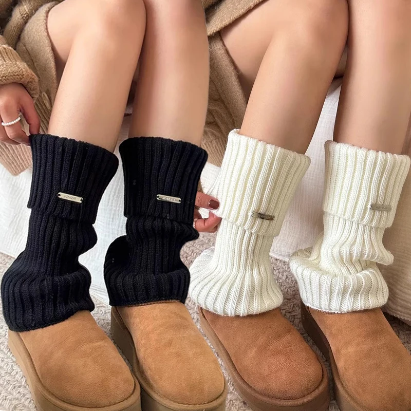 

Fashion Knitted Black White Leg Warmer for Women Metal Label Socks Y2K Girls Lolita Cute College Style Heap Socks Leg Covers