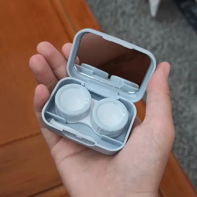 Mini Square Eye Care Storage Box with Mirror Solid Color Macaron Color Contact Lens Case Kit with Tweezers and Suction Stick