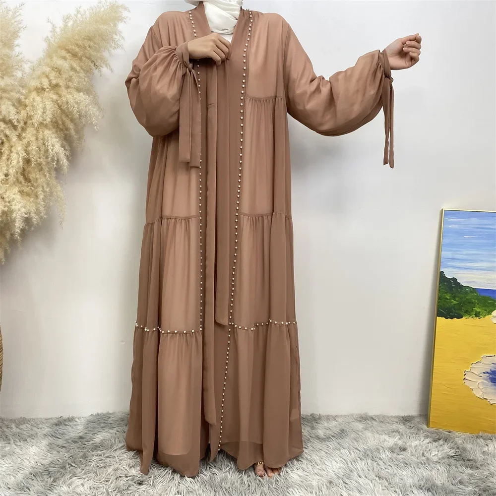 Árabe turquia médio oriente feminino solto aberto cardigan robe moda elegância cor sólida frisado muçulmano rendas chiffon cardigan robe