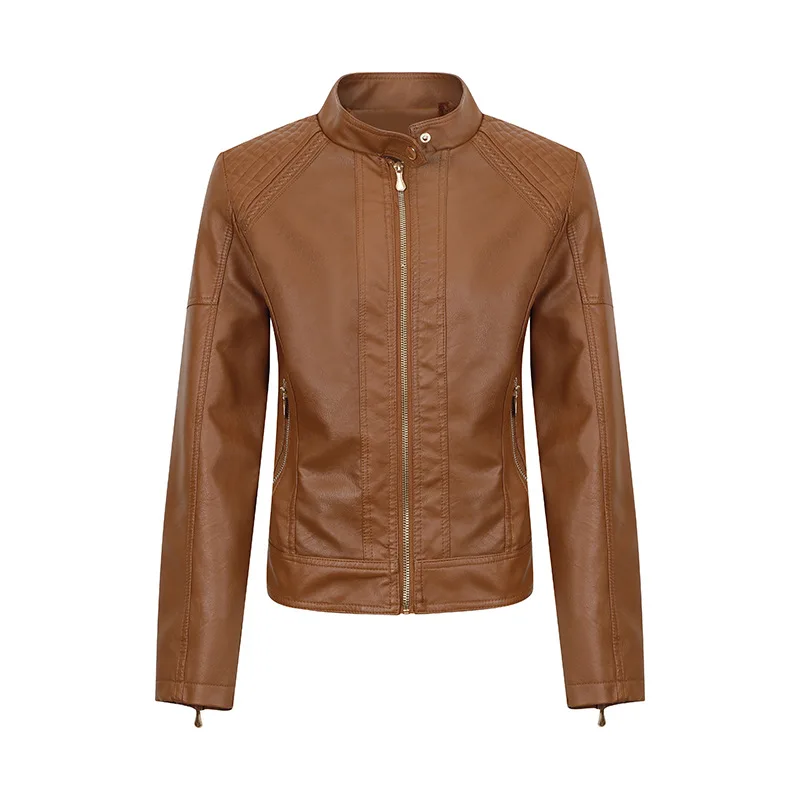 Maidangdi leather jacket, women\'s slim fit motorcycle suit plush leather jacket solid color multiple colors no hat