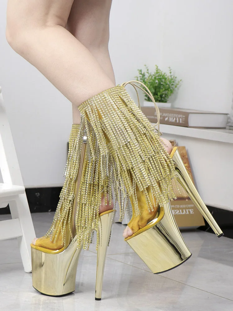 Gold Open Toe Fringe Stripper Heels 20cm Rhinestone Pole Dance Shoes Nightclub Sexy Fetish Exotic Dancer Platform Ankle Boots