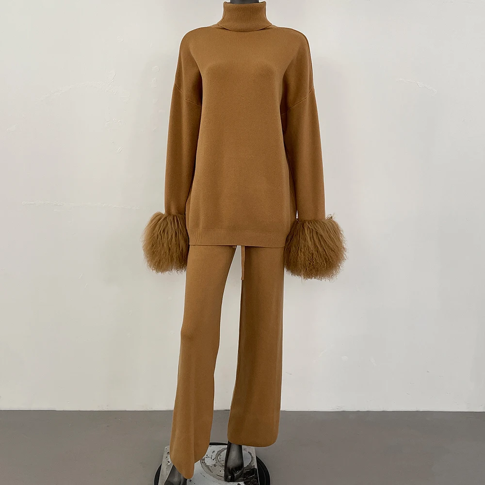 

Настоящее монгольское пальто из овечьего меха, вязаный костюм, женский свитер, комплект с манжетами, высококачественный вязаный пуловер из шерсти и брюки для женщин