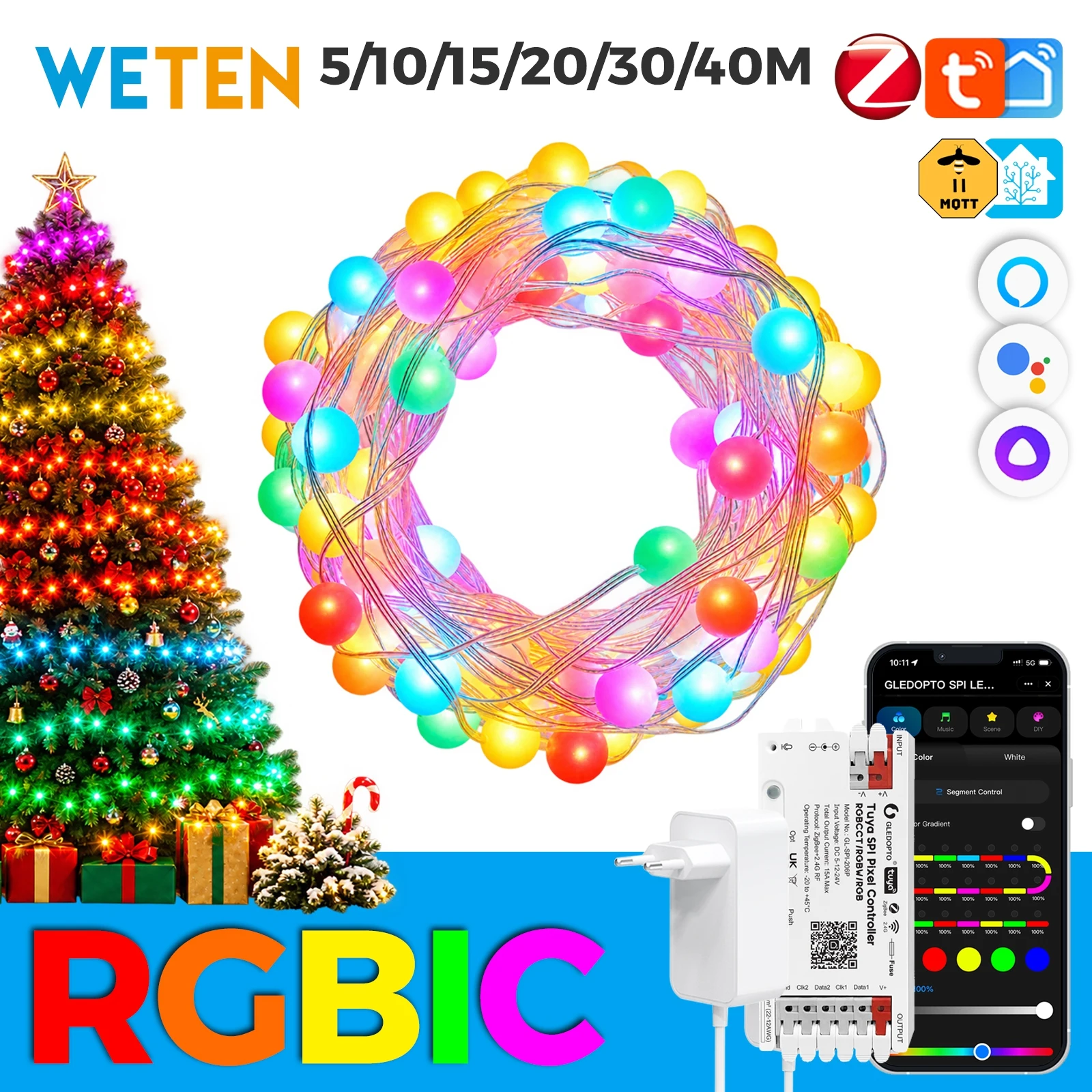 Tuya Zigbee LED Christmas Lights Globe Fairy String Light Garland Outdoor Waterproof Music Sync APP Support Alexa Google Home