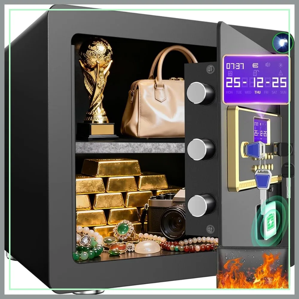 

Home Safe with Digital Keypad & Alarm - Electronic Lock Box for Jewelry Cash, Adjustable Shelves, LED Light, Fireproof & Waterproof Bag (0.8-2.5 Cuft)