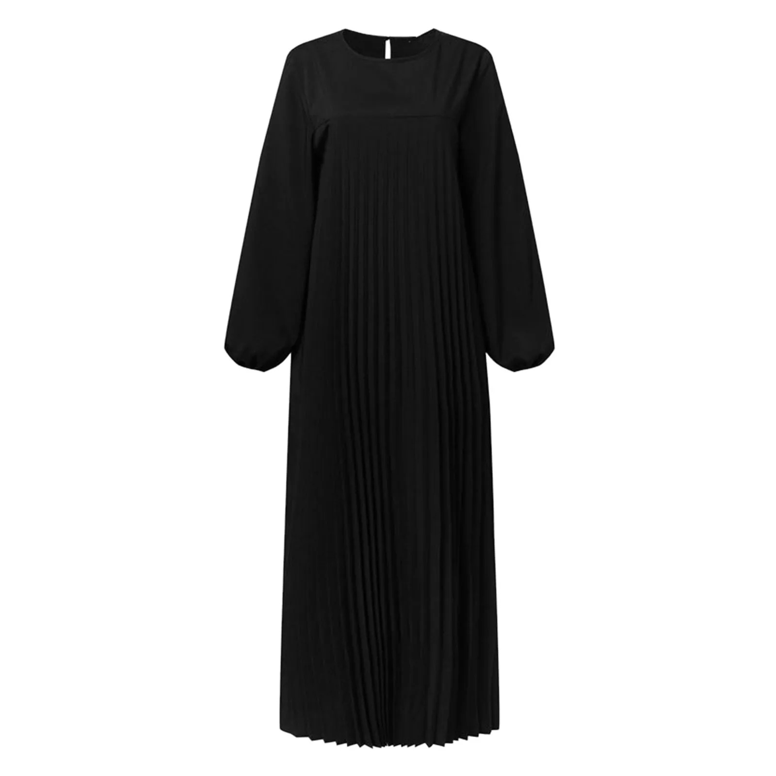 Middle East Dubai Jilbab Muslim Fashion Women Arab Style Elegant Pleated Dress Solid Round Neck Long Sleeve Pleated Dress Abaya