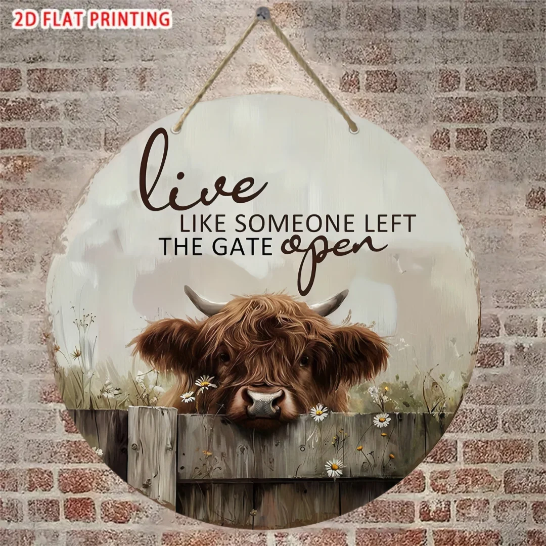 2D Flat Printing 1pc Wooden Decorative Sign, Vintage Wall Hanging, High-Altitude Cow And Daisy Pattern - Rustic Style 