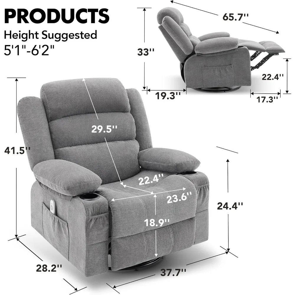 Rocker Recliner Chair with Heat and Massage, 360° Swivel Recliner Chairs for Adults, Oversized Recliner Single Sofa Seat with Cu image 2