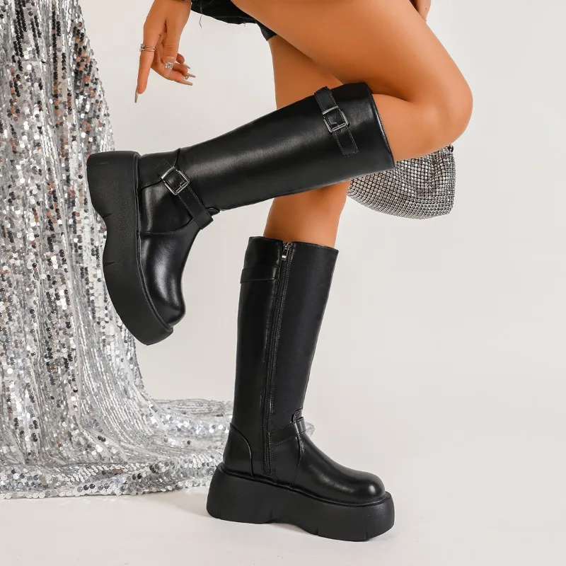 

Высокие сапоги на платформе, осенняя модная обувь с круглым носком и боковой молнией, металлическая пряжка, противоскользящие туфли на каблуке