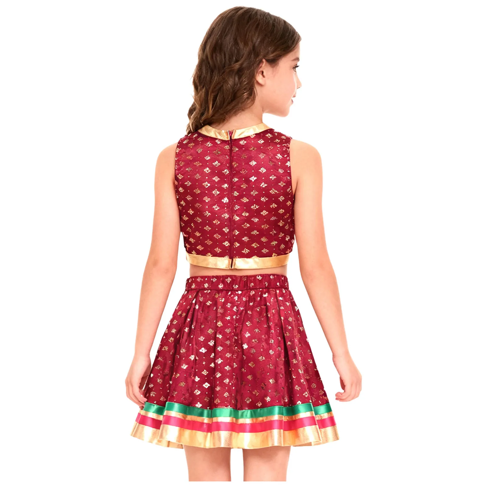 Strój taneczny dla dziewczynek, indyjski lehenga choli, satynowy brokat ze złotymi motywami, krótki top i spódnica, kostium taneczny.