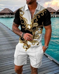 Conjunto de camisa polo de estilo luxuoso impressão 3D masculino, conjunto de polo de lapela com zíper, gola e shorts, roupas masculinas, férias, Y2K, 2 peças