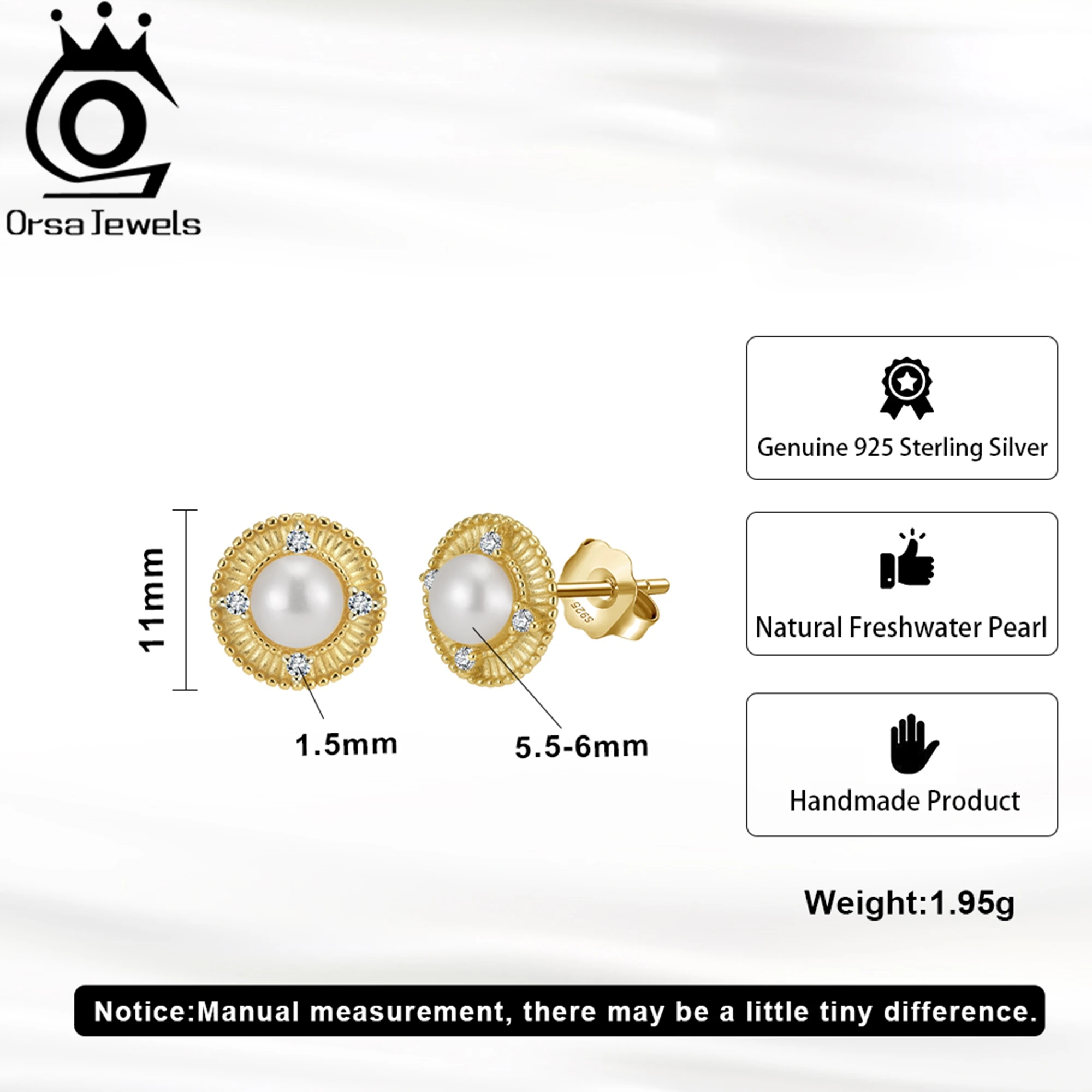 ORSA JEWELS 925 Sterling Silver 14K Gold Exquisite Stud Earrings 5.5-6mm Natural Freshwater Oval Pearl & Zirconia Decor GPE123