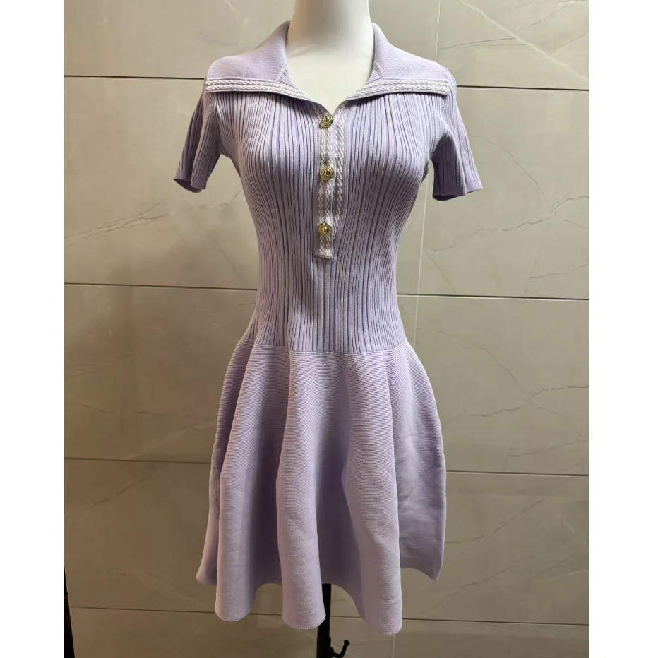 

Purple Turn-down Collar Short-sleeved Knitted Mini Dress 2025 Summer New Fashion Slim Dresses 5250075