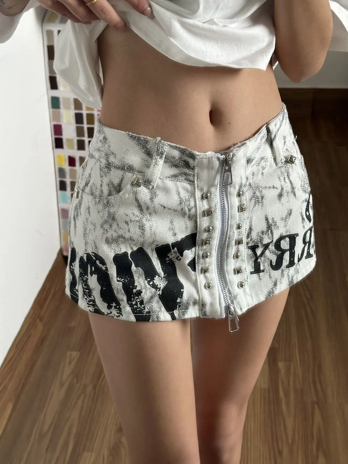 

Мини-юбка в стиле панк-хип-хоп с граффити-принтом, женская, с низкой талией, на молнии, Y2K, А-образная