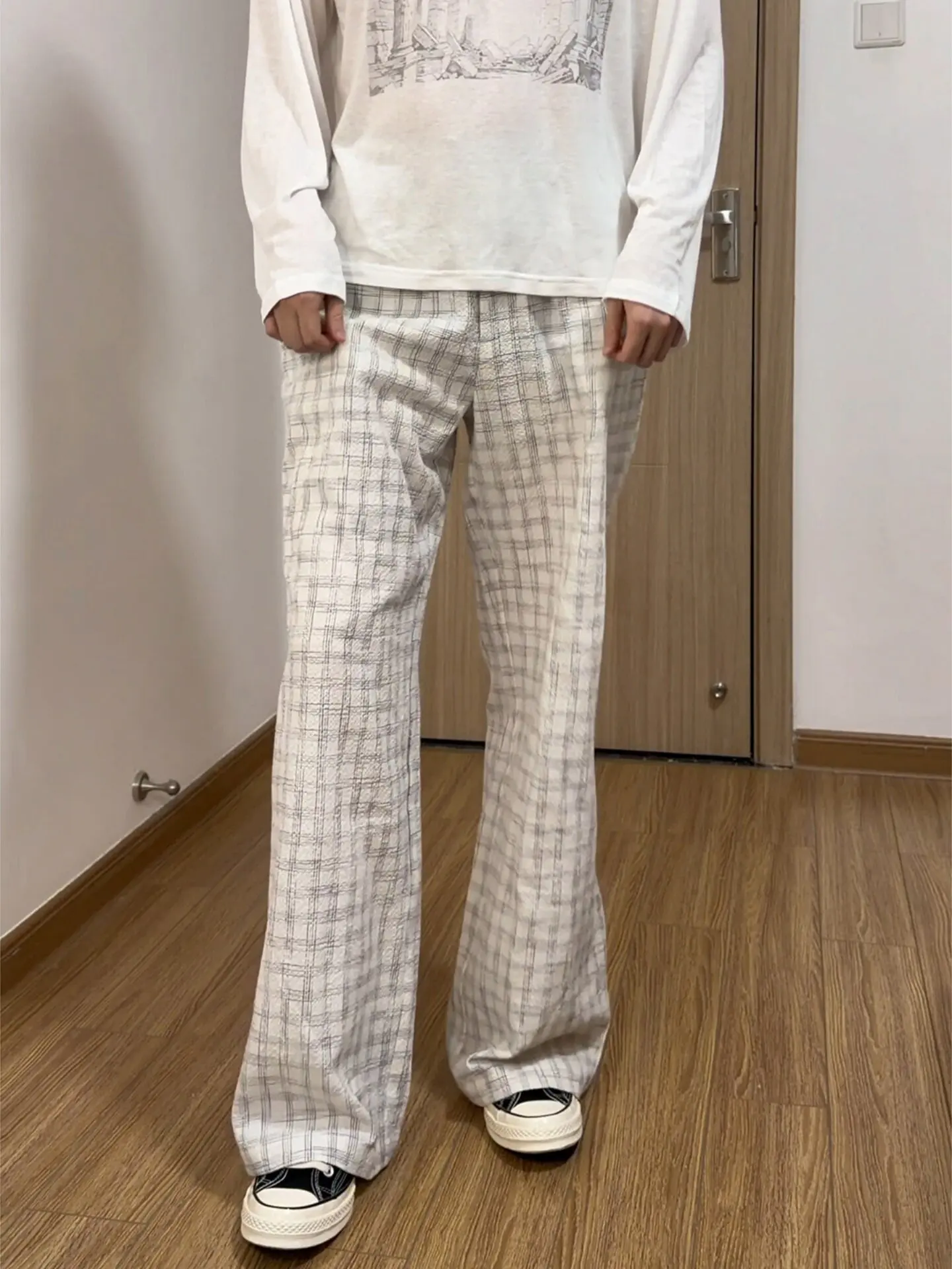 American Retro Bubble Cloth Quick Dry Plaid Pants Men Summer Thin Breathable Wide Leg Casual Pants Straight Tube Natural Waist