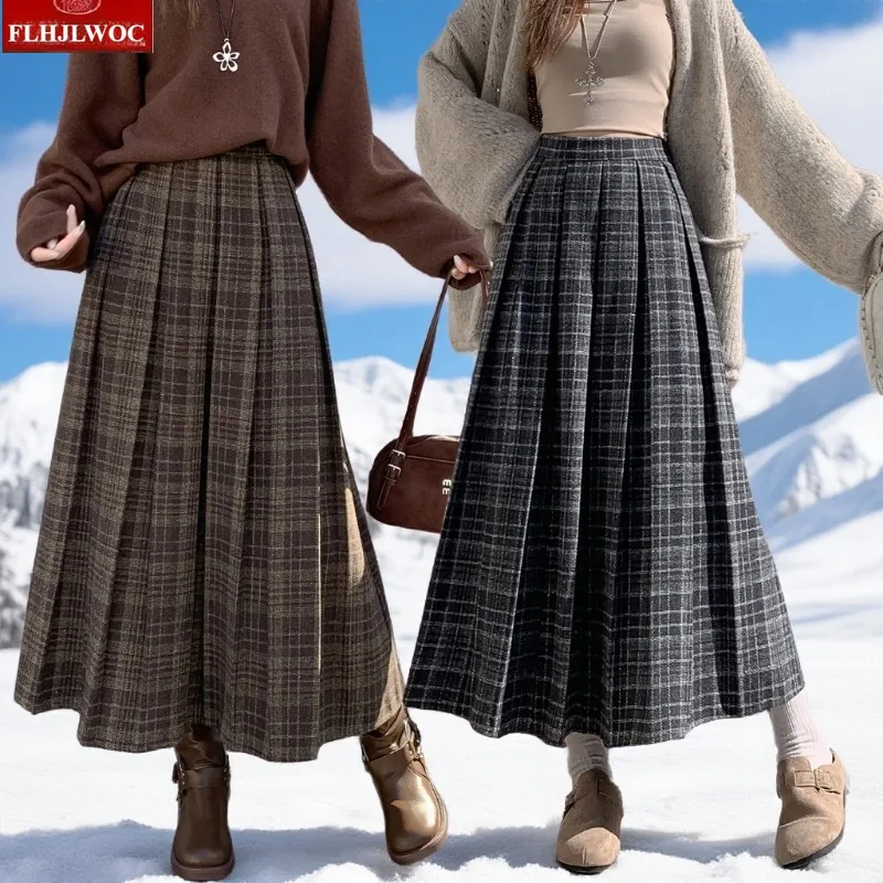 

Hot Woolen Skirts New Year 2026 Spring Winter Woman Cute Sweet Girls Japan Preppy Style Pleated Retro Vintage Long Plaid Skirt