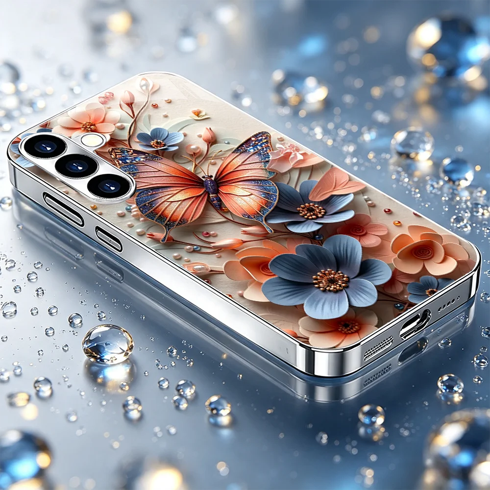 Butterflies in the flowers Tempered Glass Fashion phone case for Samsung Galaxy S26/S25/S24/S23/S22/S21 FE Ultra Plus Shockproof