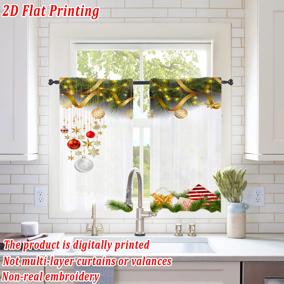 ستارة شفافة للمطبخ بطباعة مسطحة لعيد الميلاد مع زخرفة فرع كرة عيد الميلاد من الصنوبر لحفلات ديكور المنزل في عيد الميلاد