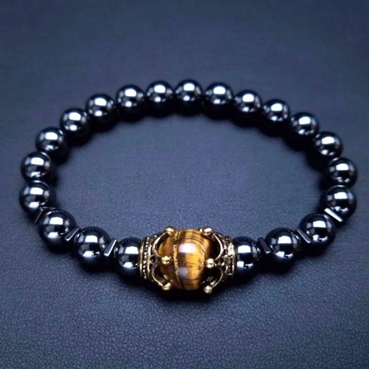 Kirykle 2024 New Charm Men\'s Bracelet Fashion Luxury Alloy Crown Tiger Eye Stone Bead Bracelet Jewelry for Women Men
