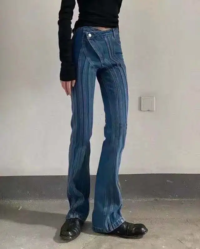 Slim Fit High Waist Denim Jeans 3D Thread off Center Slant Lapel Vintage Blue Washed out Bootcut Tapered Leggings for Women