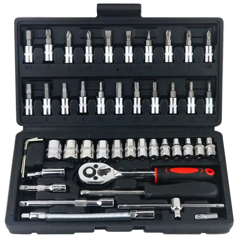 Car Repair Tool Kit 46pcs 1/4-Inch Socket Set Car Repair Tool Ratchet Torque Wrench Combo Auto Repairing Tool Set