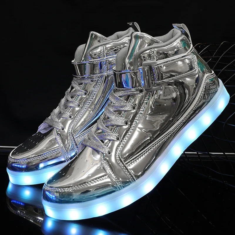 Trendy Men Luminous Shoes Cool Men Casual Shoes Couples Outdoor High-top Shoe Colorful Mirrored Velcro Shoe Zapatos Para Hombres