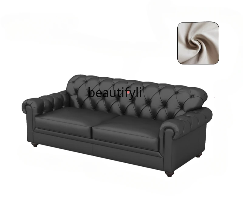 Sofa living room new buckle retro leather sofa straight row