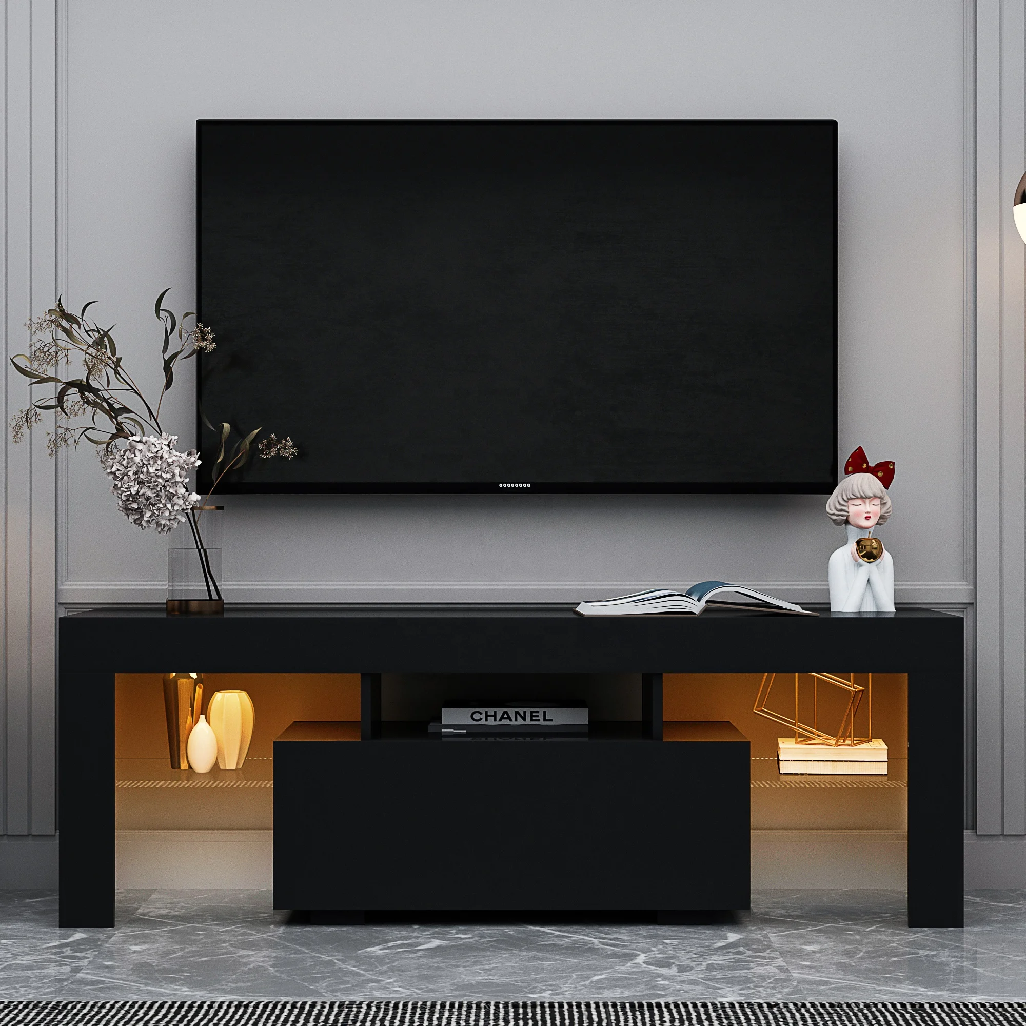 Black TV Stand with LED RGB Lights,Flat Screen TV Cabinet, Gaming Consoles - in Lounge Room