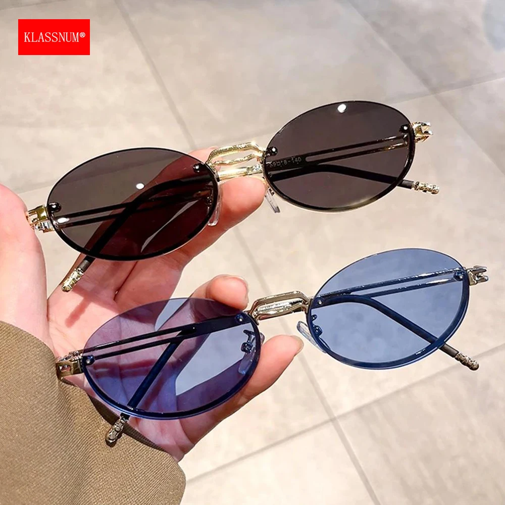 

KLASSNUM Vintage Women Oval Rimless Sunglasses Men Luxury Brand Design Punk Sun Glasses Driving Eyewear Shades UV400 Goggles