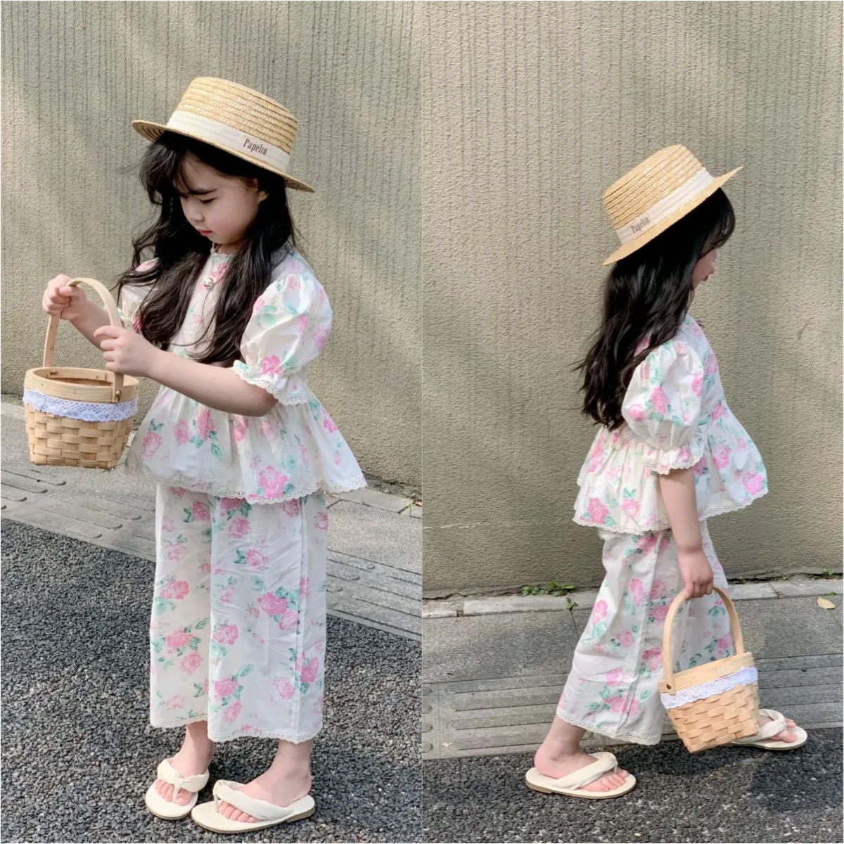 Süßes und Niedliches Prinzessinnen-Kostüm für 3-7 Jahre alte Mädchen mit Puffärmeln, Spitze, Blumenmuster-Oberteil und Weiten Hosen, Zweiteiliges Set