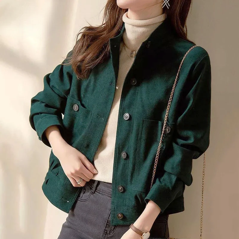 Korean Fashion Stand Collar Short Coats Spring Corduroy Cropped Jacket Women 2023 Fall Long Sleeves Classic Women Jacket