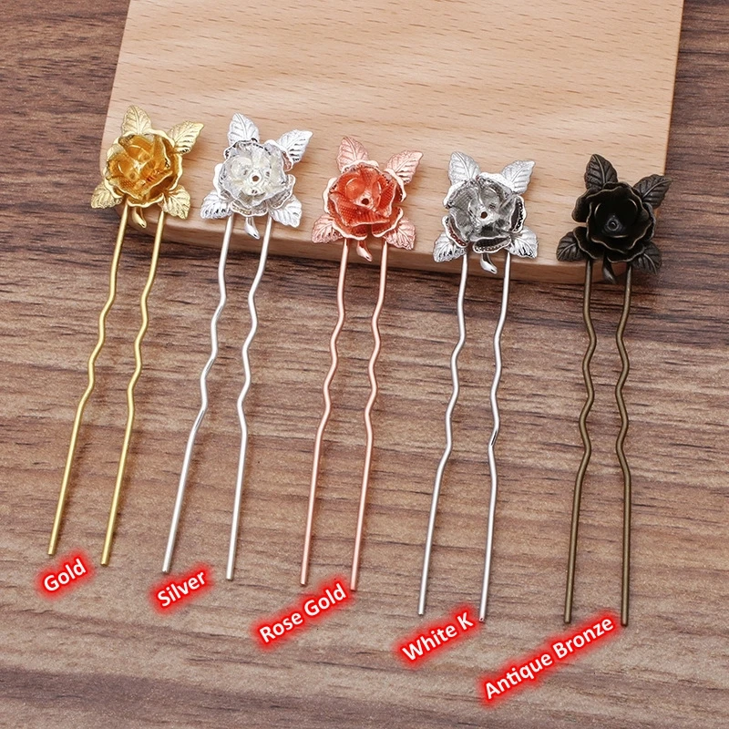 BoYuTe Custom Made (200 Pieces/Lot) Rose Flower U-Fork Hair Pins Antique Double Prong for DIY Vintage Hanfu Hair Jewelry Making