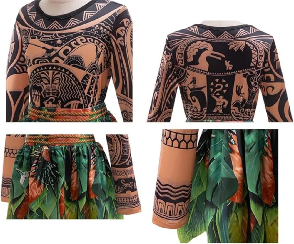 Kids Boy Moana Cosplay Costume Maui Tattoo Jumpsuit Halloween Outfits Leaf Skirt Bodysuit Full Set Cosplay Costumes