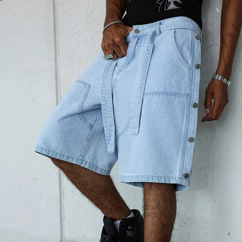 KIDWHXR Men Denim Shorts Summer Streetwear Solid Color Male Knee Length Pant Loose Straight Button Pocket Man Casual Shorts