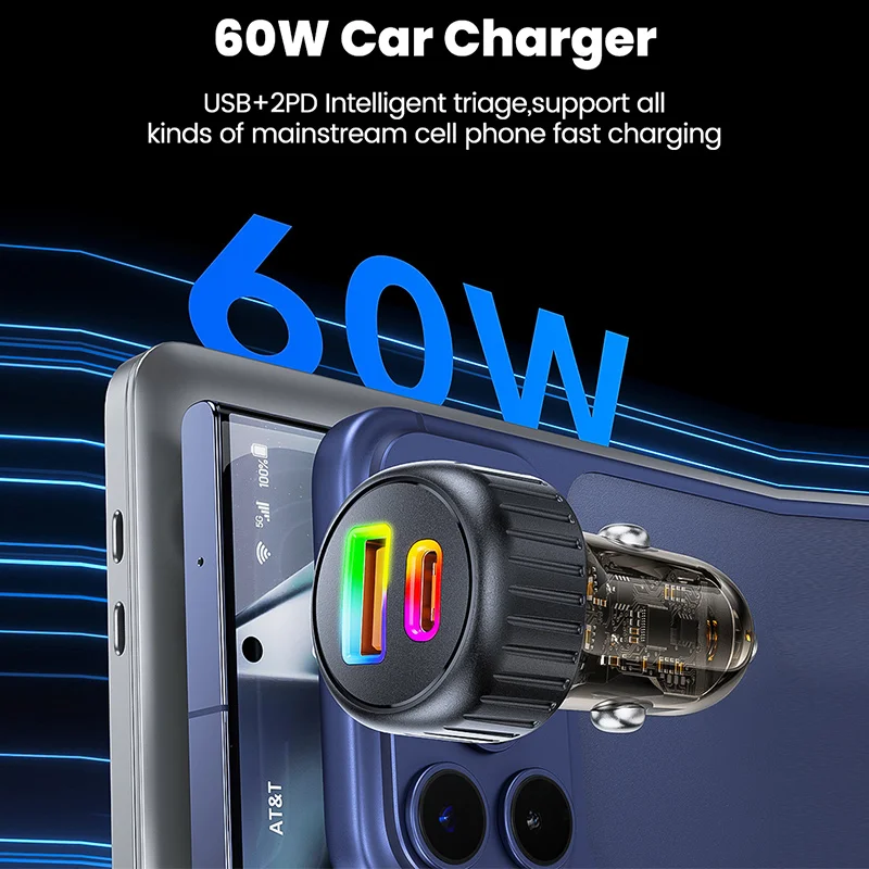 

Автомобильное зарядное устройство Elough 60W с двумя портами USB/Type-C, быстрая зарядка, 2-в-1, переходник для прикуривателя