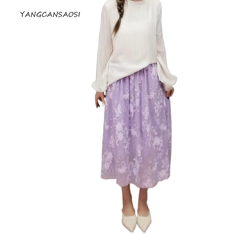 女性のロマンチックなエレガンス タロパープル 重い刺繍 天然桑絹 エラスティックウエスト Aライン 大きなスイング ダブルレイヤースカート