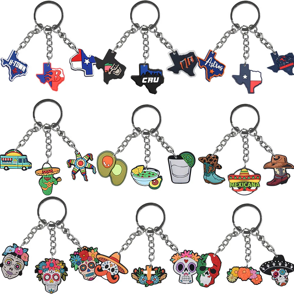 3pcs Men Women City Keychains Boys Girls Mexico Keyrings Kids Skull Key Chains Flower Key Rings For Birthday Gifts