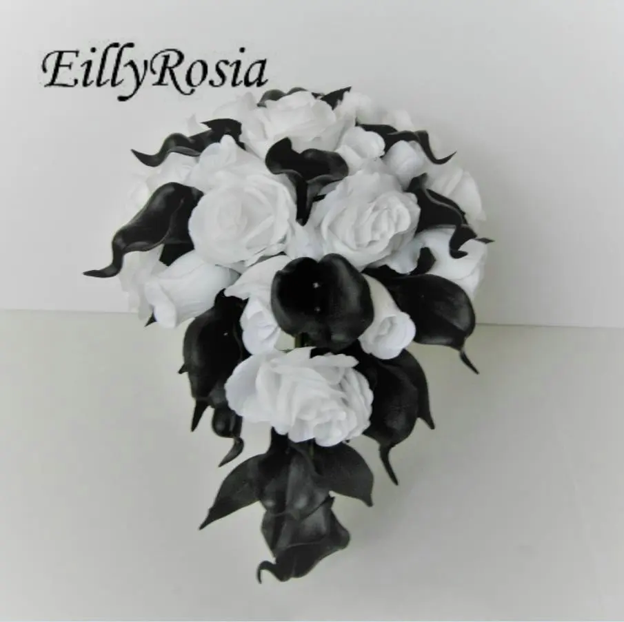 

Teardrop White Roses Black Calla Lily Gothic Bridal Bouquet for Bride Handhold Retro Cascading Wedding Flowers Ramo Flores Novia