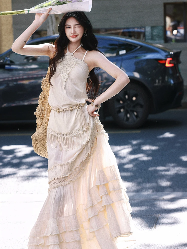 TIYIHAILEY longue Maxi femmes coton dentelle jupes grand ourlet nouvelle mode a-ligne élastique taille haute 2025 dames été couches Patchwork