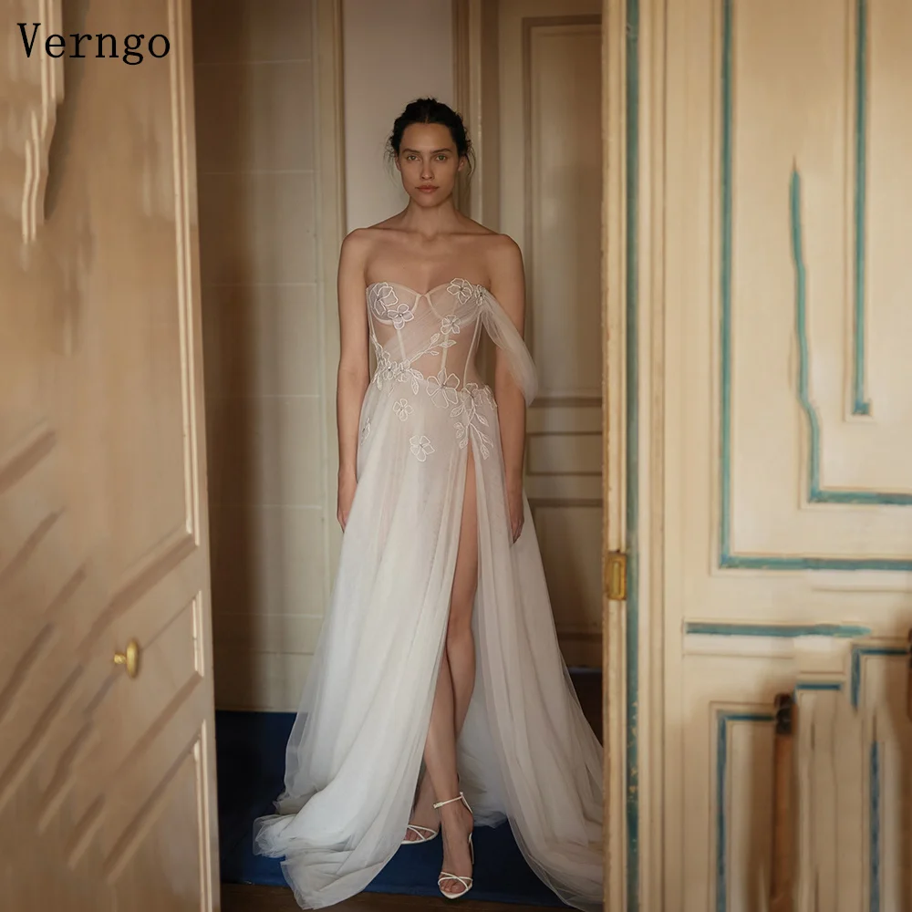 

Verngo lvory Tulle Appliques Tulle Wedding Dress Off The Shoulder Side Slit Sexy Bridal Gowns Sweap Train Bride Dress Customized