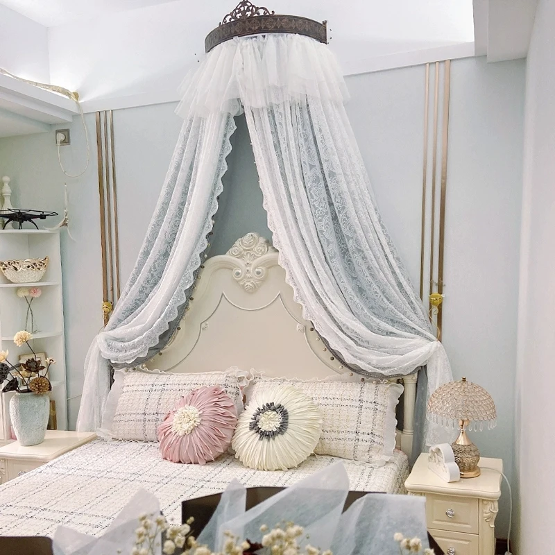 Luxury Bed Curtain Princess Bed Curtain with Crown French Style Bed Canopy Bedroom  Decor Yarn Lace Elegant Bedside Decoration