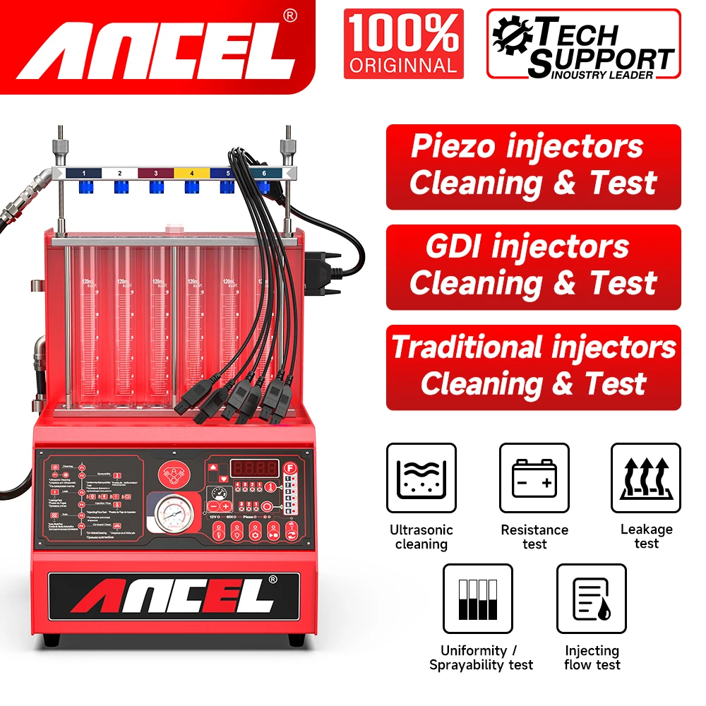 ANCEL AJ600 GDI Piezo Fuel Injector Cleaner 6-Cylinders Tester Fuel Ultrasonic Cleaner Leakage test for gasoline Car 110V /220V