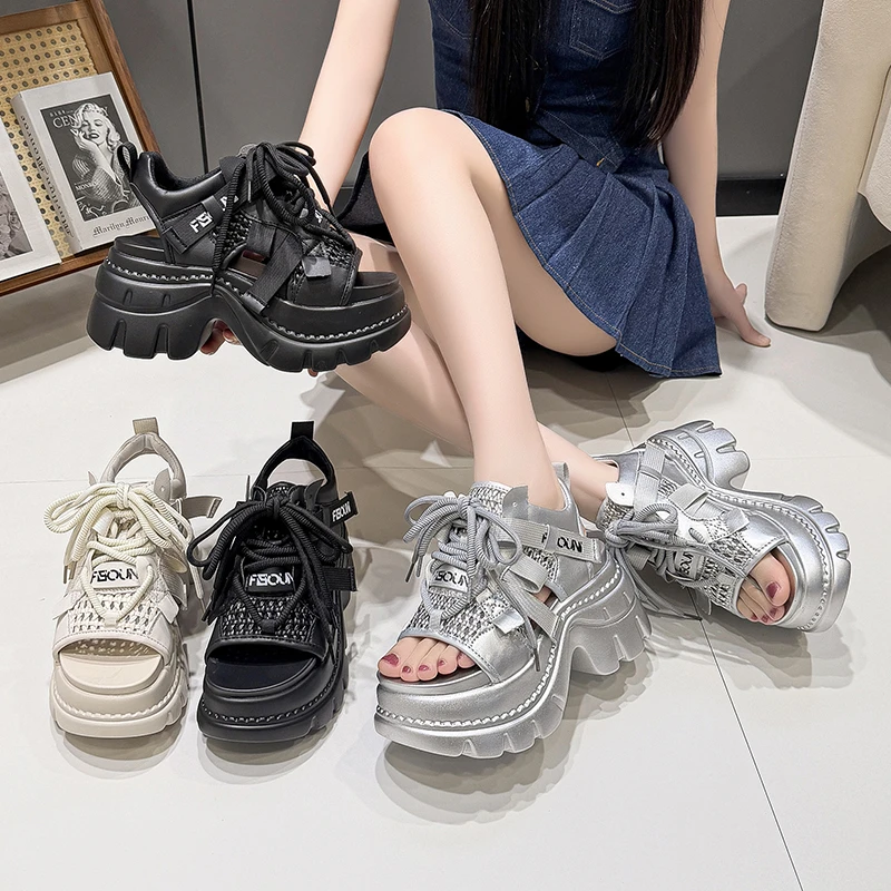 

Women Rhinestone Lace Up Platform Sandals Summer Open Toe Chunky High Heel Shoes Y2K Streetwear Thick Sole Footwear for Ladies