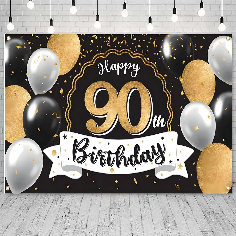 Pano de fundo feliz 90 anos, banner para mesa de festa, balão preto e dourado, fundo confete para mulheres e homens, 90 anos