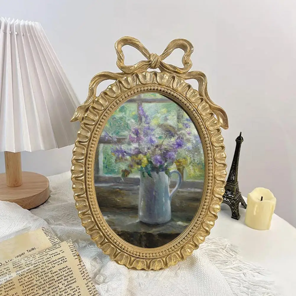 Oval Photo Frame European Style Resin Picture Frame with Embossed Bow Ornate Vintage Photo Frame for Home Wall Decor